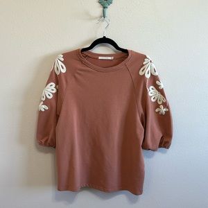 Ellison 3/4 Sleeve Cotton Sweater with Floral Sleeve Details, S